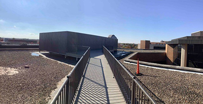 An exterior view of the new Campus Observatory
deck from the stairwell door.